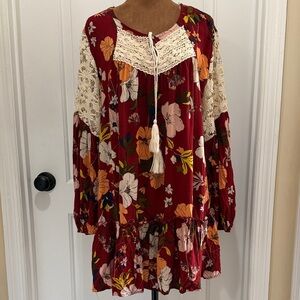 Umgee Maroon Floral Mini with Cream Lace Accents and Puff Long  Sleeves